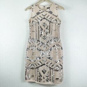 Vince Camuto Cream Silver Sequin Dress Chevron Sleeveless Lined Gatsby Size 2P
